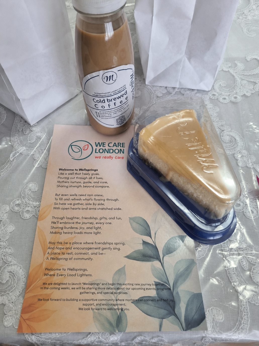 Wellsprings welcome leaflet with coffee and cake