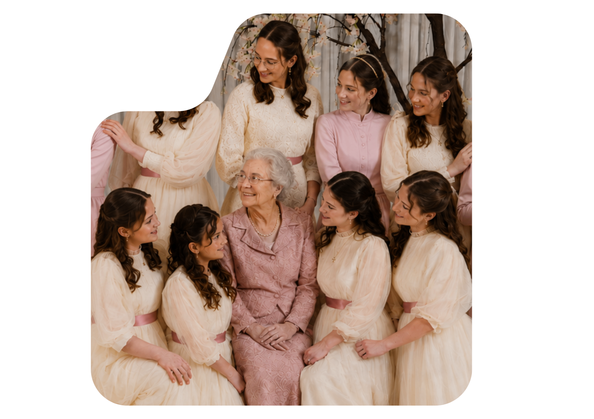 An older woman seated among young women in cream and soft pink dresses, gathered closely around her.