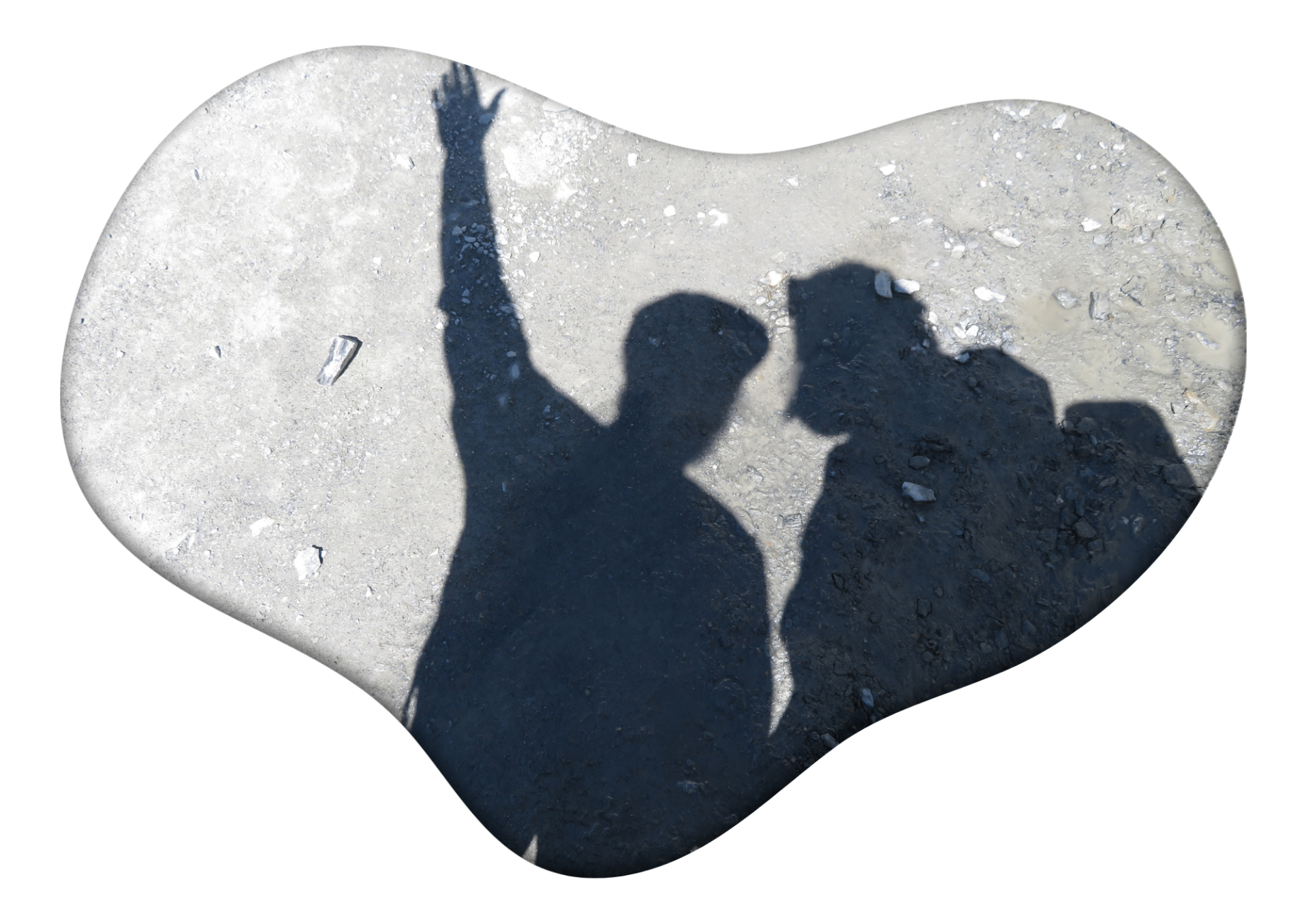 Two shadows on open ground, one with an arm raised in a wave, suggesting companionship and care.
